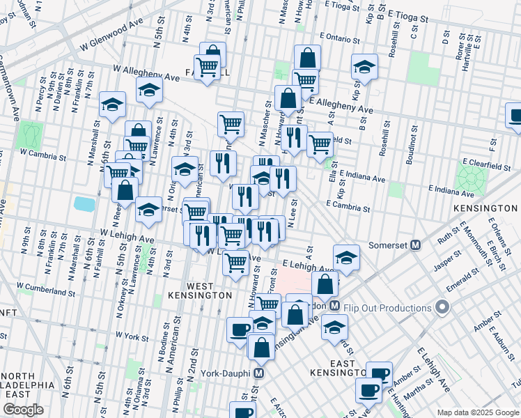 map of restaurants, bars, coffee shops, grocery stores, and more near 2831 N Waterloo St in Philadelphia