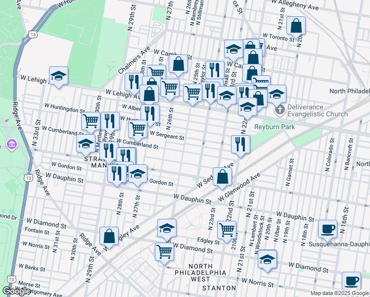 map of restaurants, bars, coffee shops, grocery stores, and more near 2451 West Cumberland Street in Philadelphia