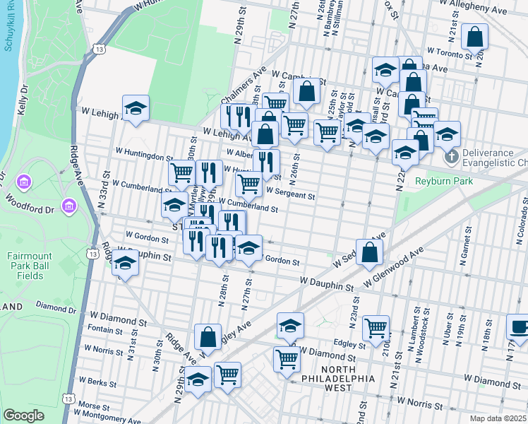 map of restaurants, bars, coffee shops, grocery stores, and more near 2451 North 27th Street in Philadelphia
