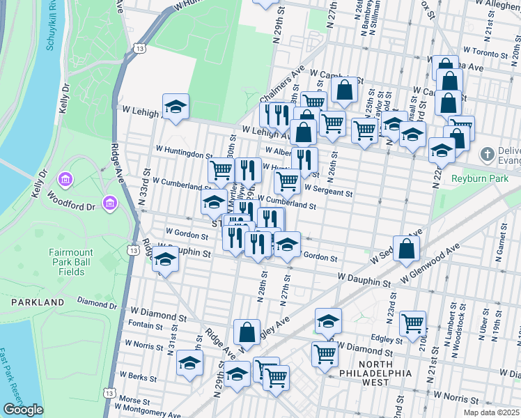 map of restaurants, bars, coffee shops, grocery stores, and more near 2447 North Dover Street in Philadelphia