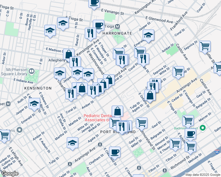 map of restaurants, bars, coffee shops, grocery stores, and more near 2100 East Westmoreland Street in Philadelphia