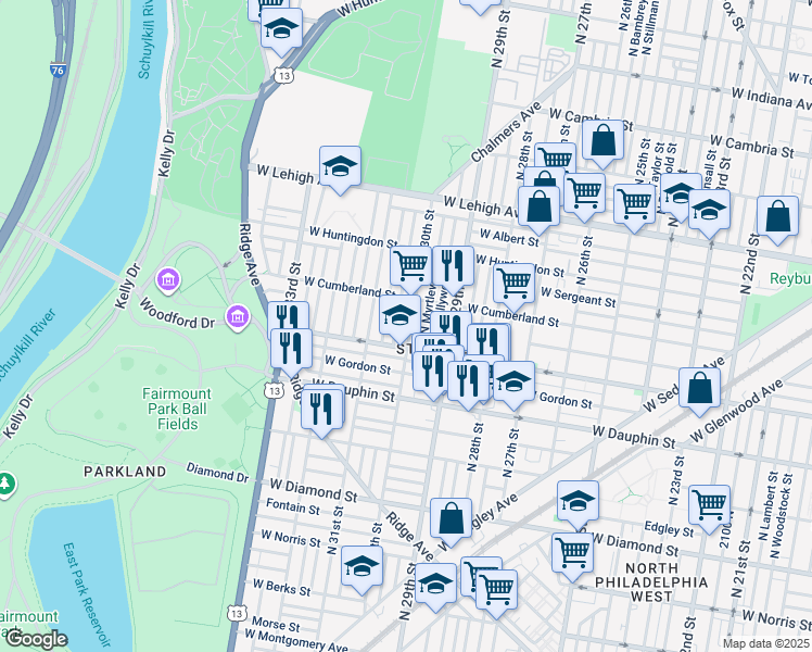 map of restaurants, bars, coffee shops, grocery stores, and more near 2428 North 30th Street in Philadelphia