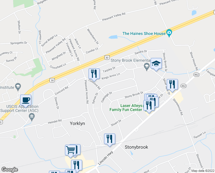 map of restaurants, bars, coffee shops, grocery stores, and more near 3812 Sylvan Drive in York