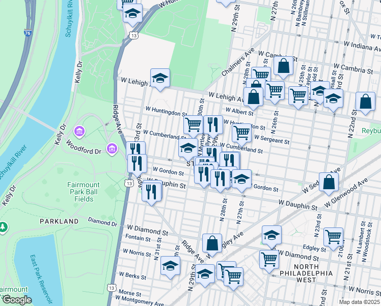 map of restaurants, bars, coffee shops, grocery stores, and more near 2428 North 30th Street in Philadelphia