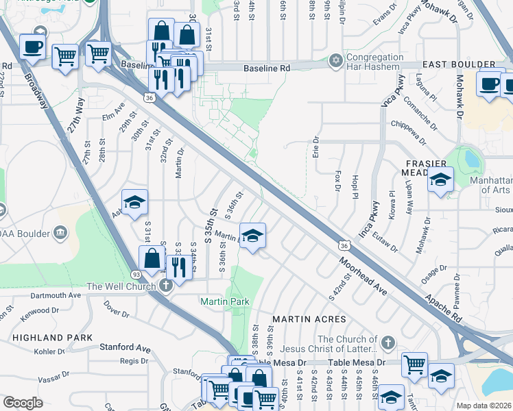 map of restaurants, bars, coffee shops, grocery stores, and more near 3658 Chase Court in Boulder