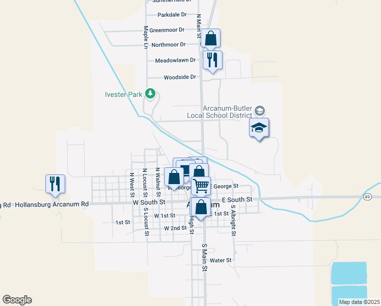 map of restaurants, bars, coffee shops, grocery stores, and more near 212 North Main Street in Arcanum