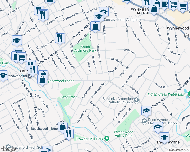 map of restaurants, bars, coffee shops, grocery stores, and more near 553 Haverford Road in Wynnewood