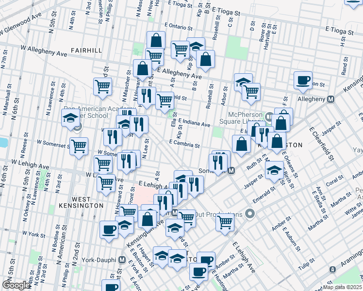 map of restaurants, bars, coffee shops, grocery stores, and more near 252 East Cambria Street in Philadelphia