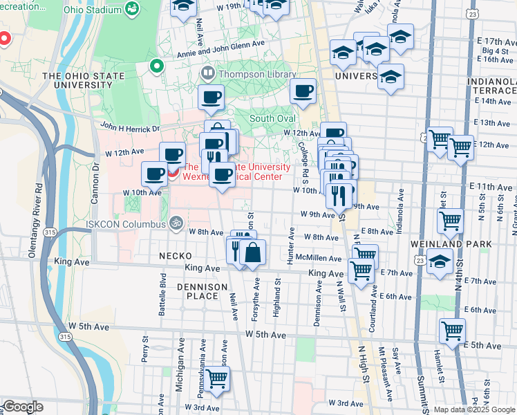 map of restaurants, bars, coffee shops, grocery stores, and more near 188 West 9th Avenue in Columbus