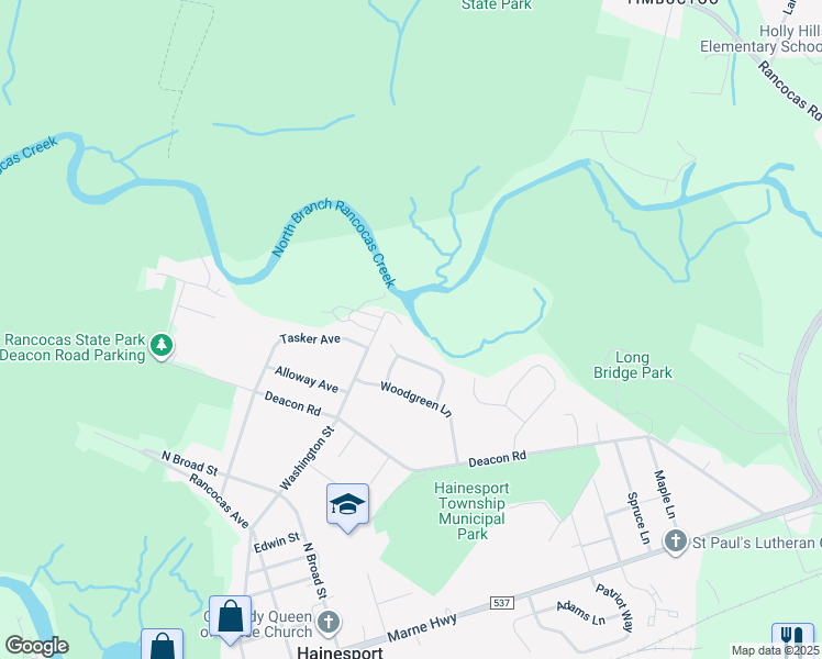 map of restaurants, bars, coffee shops, grocery stores, and more near 1011 Woodland Lane in Hainesport