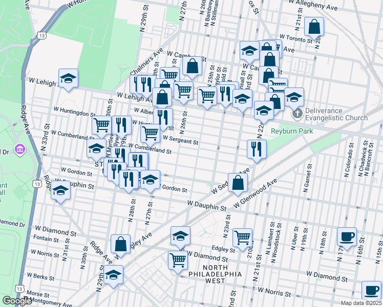 map of restaurants, bars, coffee shops, grocery stores, and more near 2517 West Cumberland Street in Philadelphia