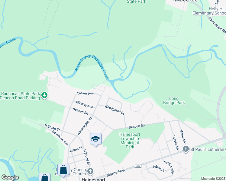 map of restaurants, bars, coffee shops, grocery stores, and more near 1011 Woodland Lane in Hainesport