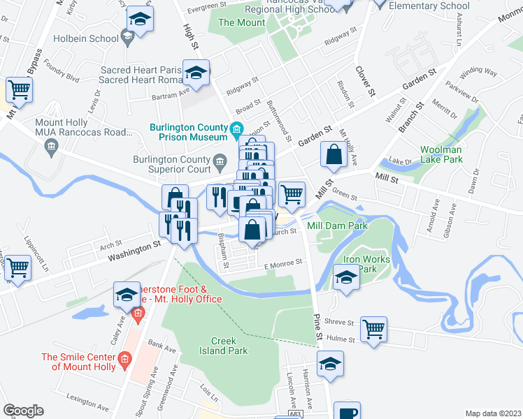 map of restaurants, bars, coffee shops, grocery stores, and more near 1 High Street in Mount Holly