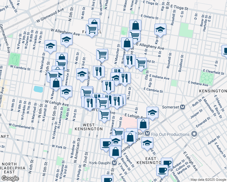 map of restaurants, bars, coffee shops, grocery stores, and more near 2826 Waterloo Street in Philadelphia