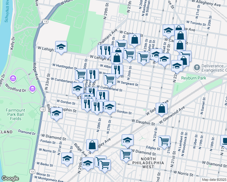 map of restaurants, bars, coffee shops, grocery stores, and more near 2442 North 27th Street in Philadelphia