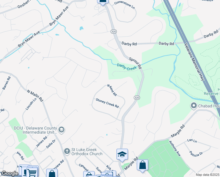 map of restaurants, bars, coffee shops, grocery stores, and more near 2730 North Kent Road in Broomall