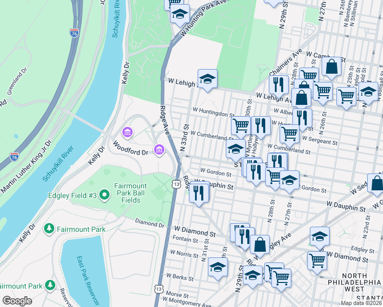 map of restaurants, bars, coffee shops, grocery stores, and more near 3200 West York Street in Philadelphia