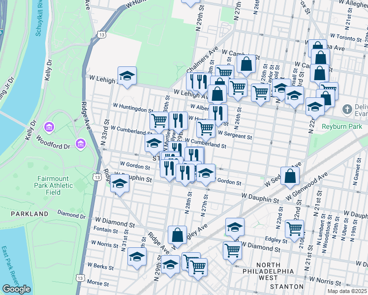 map of restaurants, bars, coffee shops, grocery stores, and more near 2448 North Dover Street in Philadelphia