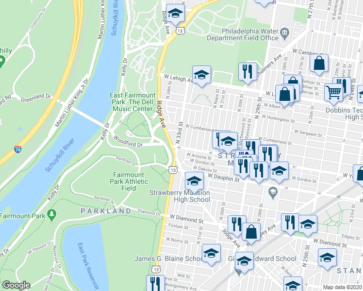 map of restaurants, bars, coffee shops, grocery stores, and more near 2401 North 33rd Street in Philadelphia