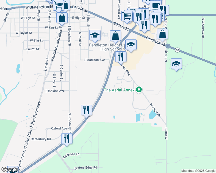 map of restaurants, bars, coffee shops, grocery stores, and more near 7558 South State Road 67 in Pendleton