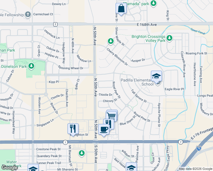 map of restaurants, bars, coffee shops, grocery stores, and more near 5170 Delphinium Circle in Brighton