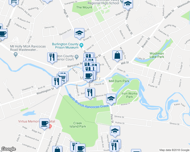map of restaurants, bars, coffee shops, grocery stores, and more near 21 Mill Street in Mount Holly