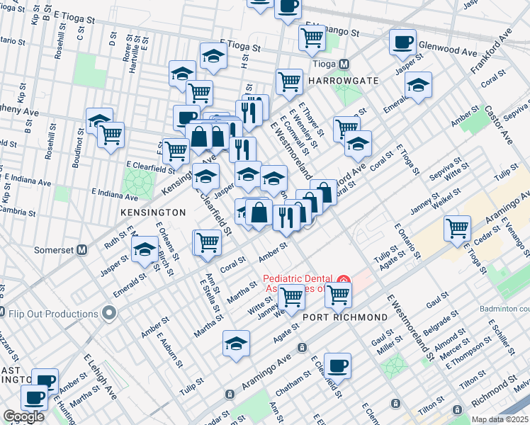 map of restaurants, bars, coffee shops, grocery stores, and more near 2036 East Allegheny Avenue in Philadelphia