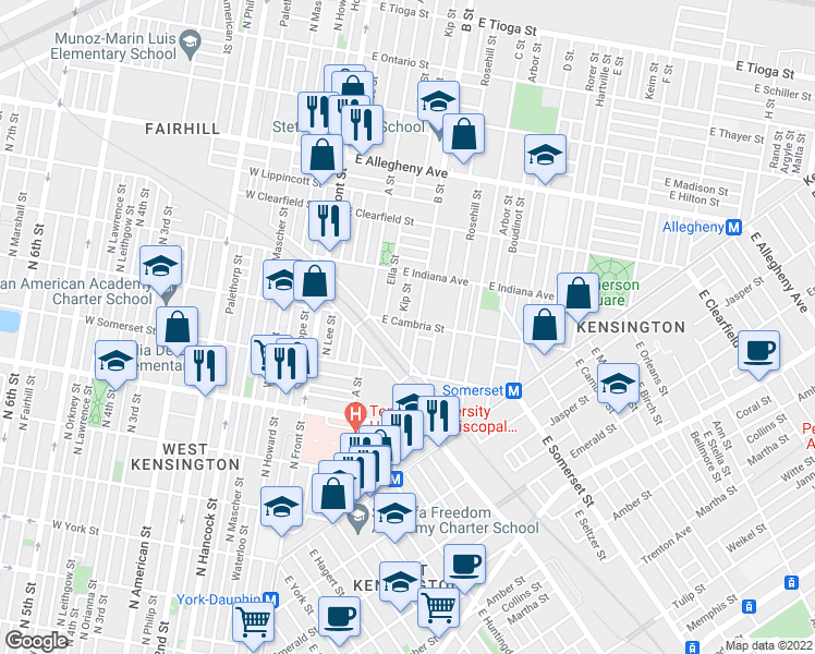 map of restaurants, bars, coffee shops, grocery stores, and more near 265 East Tusculum Street in Philadelphia