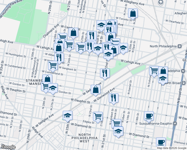 map of restaurants, bars, coffee shops, grocery stores, and more near 2505 North 23rd Street in Philadelphia