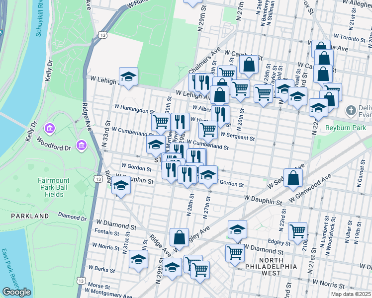 map of restaurants, bars, coffee shops, grocery stores, and more near 2448 North Dover Street in Philadelphia