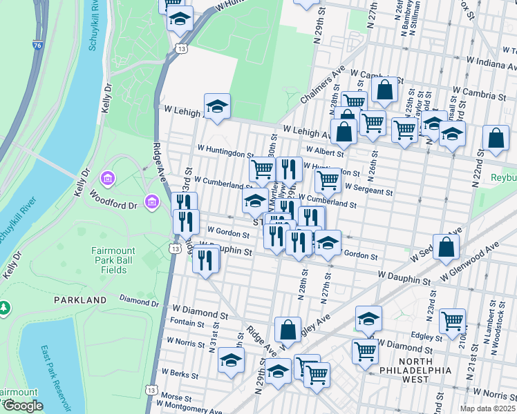 map of restaurants, bars, coffee shops, grocery stores, and more near 2411 North Corlies Street in Philadelphia