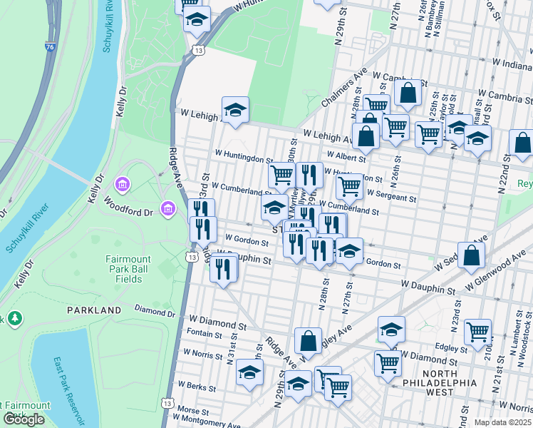map of restaurants, bars, coffee shops, grocery stores, and more near 2427 North Stanley Street in Philadelphia