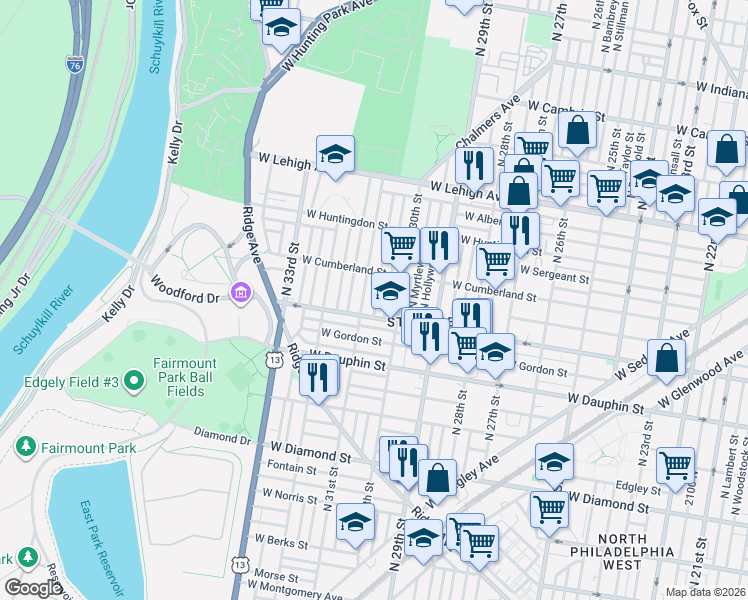 map of restaurants, bars, coffee shops, grocery stores, and more near 2411 North Corlies Street in Philadelphia