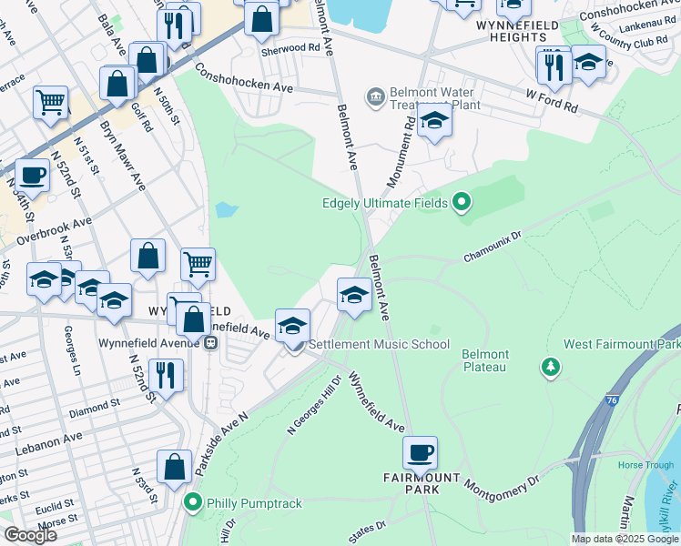 map of restaurants, bars, coffee shops, grocery stores, and more near 4849 Parkside Avenue North in Philadelphia
