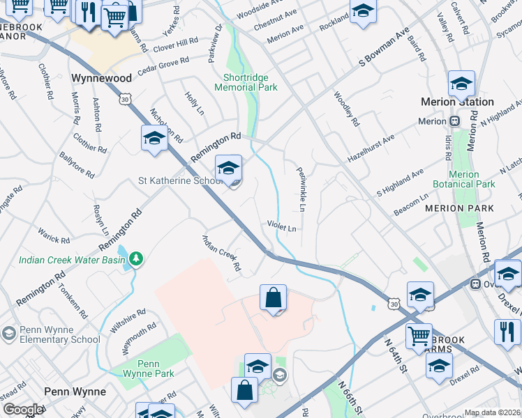 map of restaurants, bars, coffee shops, grocery stores, and more near 555 Foxglove Lane in Wynnewood