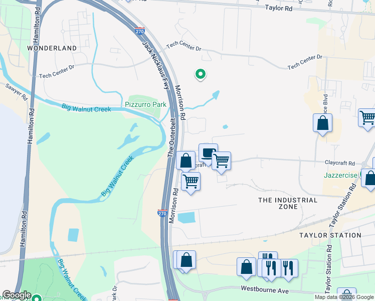 map of restaurants, bars, coffee shops, grocery stores, and more near 740 Morrison Road in Columbus