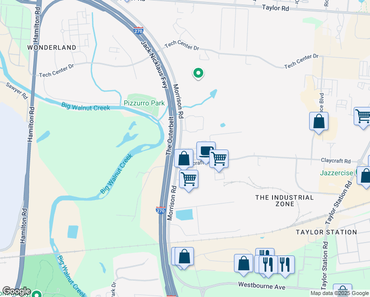 map of restaurants, bars, coffee shops, grocery stores, and more near 740 Morrison Road in Columbus