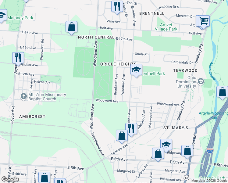 map of restaurants, bars, coffee shops, grocery stores, and more near 1218 Brookcliff Avenue in Columbus