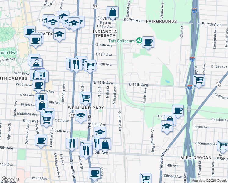 map of restaurants, bars, coffee shops, grocery stores, and more near 1444 North 6th Street in Columbus