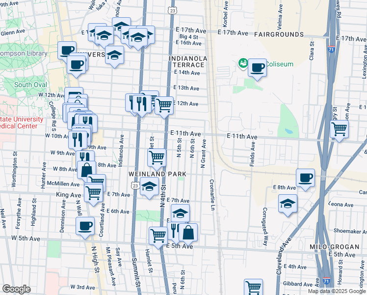 map of restaurants, bars, coffee shops, grocery stores, and more near 1450 North 5th Street in Columbus