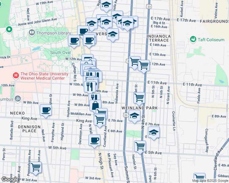 map of restaurants, bars, coffee shops, grocery stores, and more near 95 East 9th Avenue in Columbus