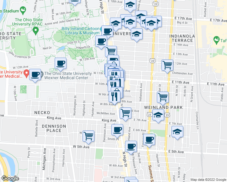 map of restaurants, bars, coffee shops, grocery stores, and more near in Columbus