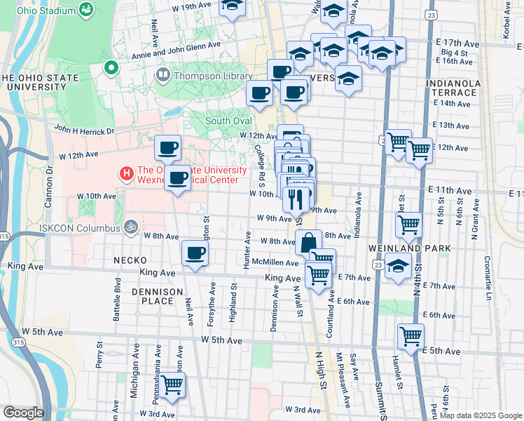 map of restaurants, bars, coffee shops, grocery stores, and more near 61 West 9th Avenue in Columbus