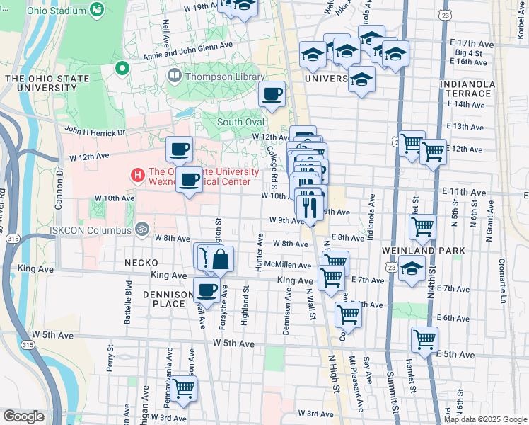 map of restaurants, bars, coffee shops, grocery stores, and more near in Columbus