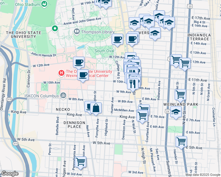 map of restaurants, bars, coffee shops, grocery stores, and more near 121 West 9th Avenue in Columbus
