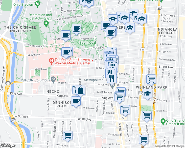 map of restaurants, bars, coffee shops, grocery stores, and more near in Columbus