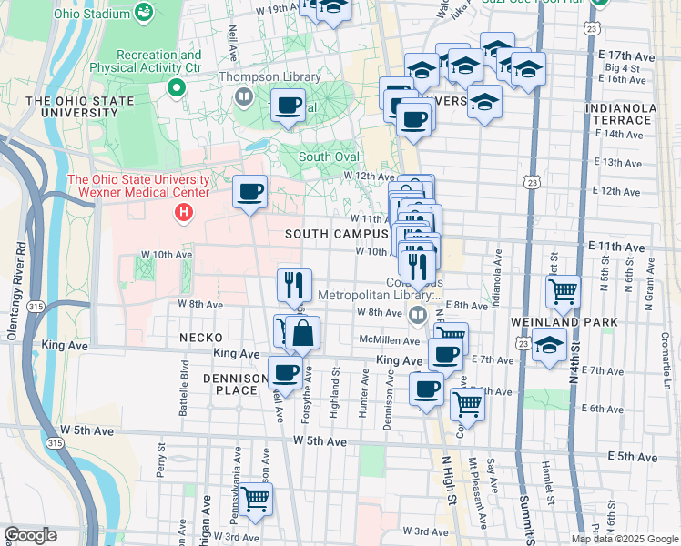 map of restaurants, bars, coffee shops, grocery stores, and more near in Columbus