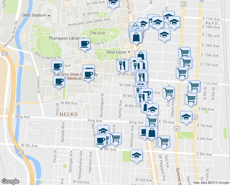 map of restaurants, bars, coffee shops, grocery stores, and more near in Columbus