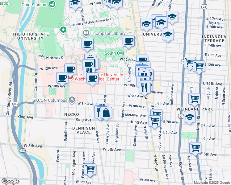map of restaurants, bars, coffee shops, grocery stores, and more near in Columbus