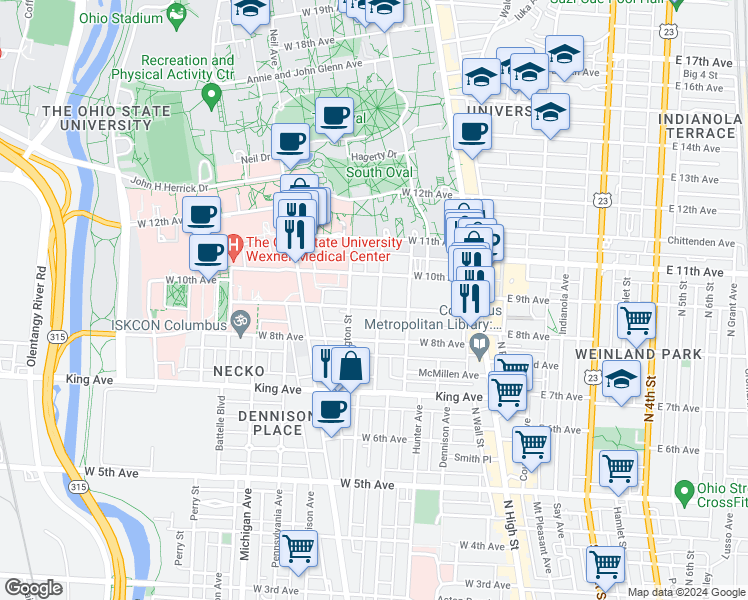 map of restaurants, bars, coffee shops, grocery stores, and more near in Columbus